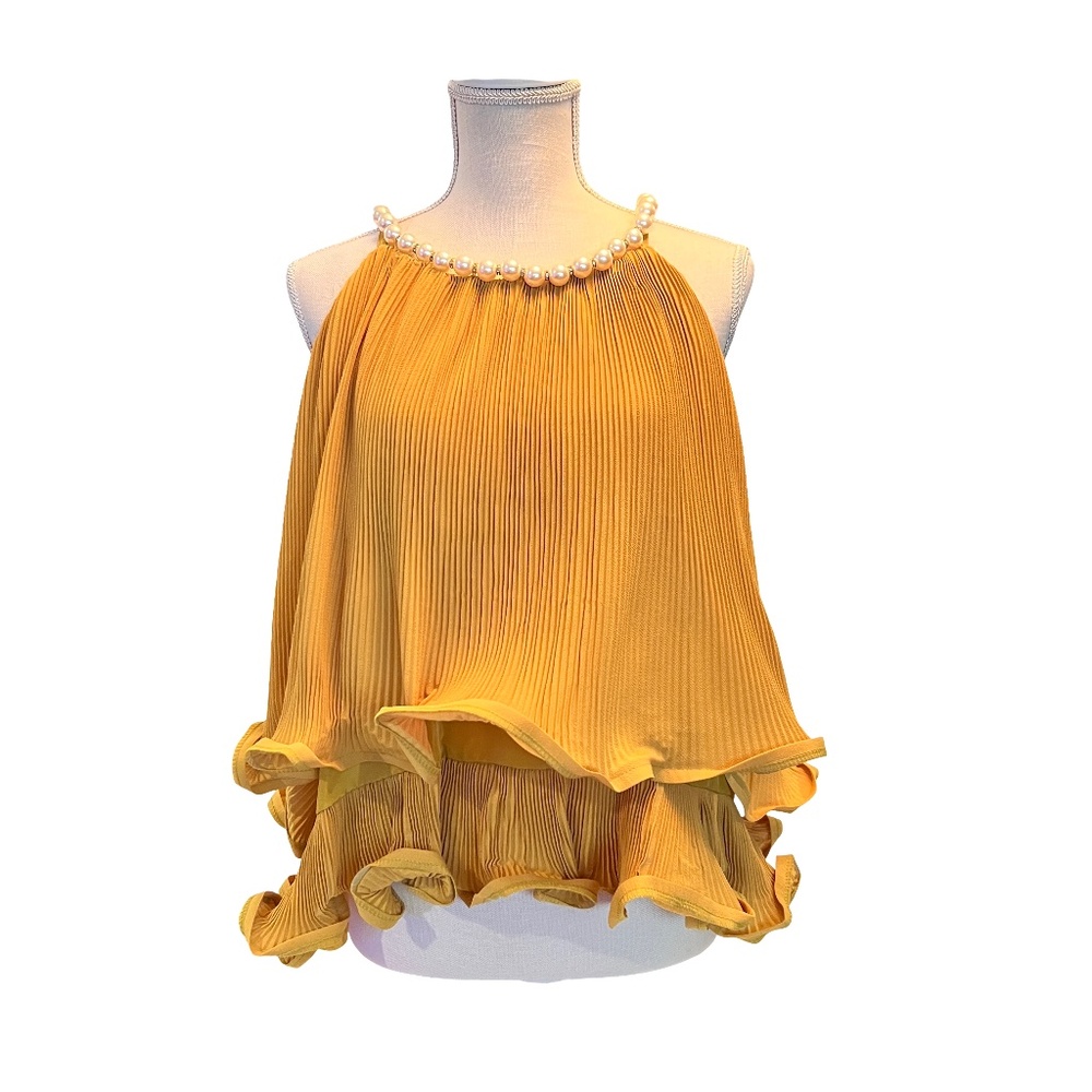 #A072. Why Dress  Mustard Pleated Blouse ,Rhinestone ,Pearl Neckline,NWT L